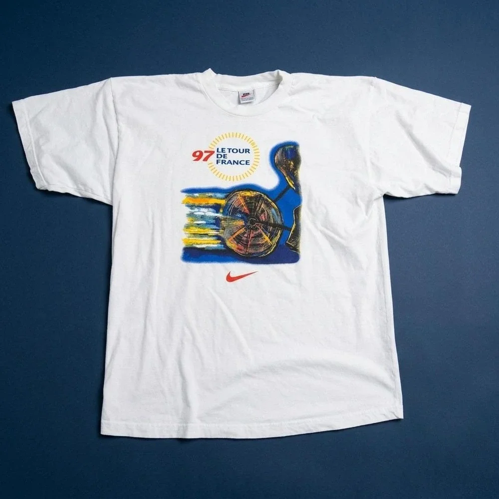 Vintage 1997 Nike Le Tour De France Graphic T-Shirt Men's XL Center Swoosh White